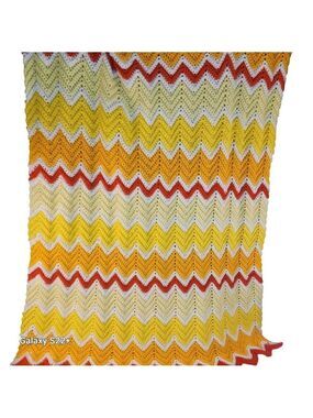 Handmade Crochet Blanket Chevron Zig Zag Pattern Yellow Orange White 42" x 36" A
